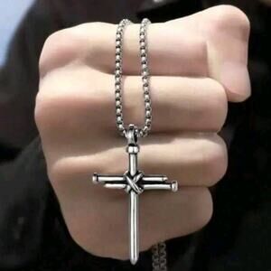 925 Plated Silver Cross Nails Necklace Men's Vtg Fashion Christmas Birthday NEW!
